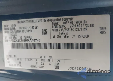 2017 Ford Transit-350 Xl из США, поврежденный, VIN 1FDZX2CM8HKA48743